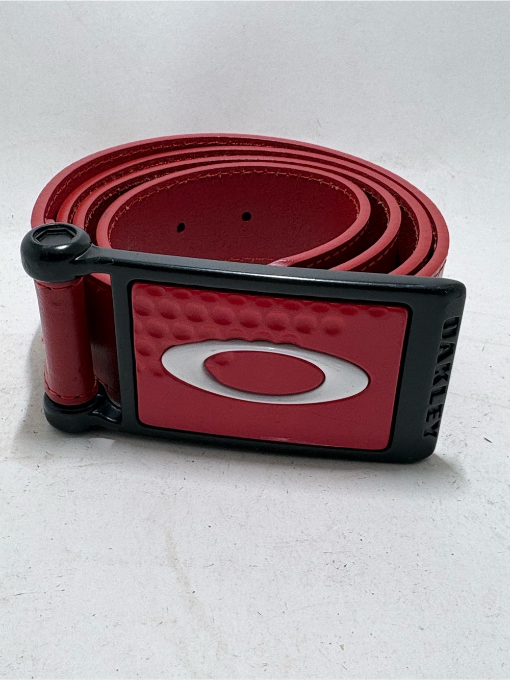 Vtg  Oakley Elipse Red Leather Belt Nickel Hardware Logo Buckle Mens XL 44”